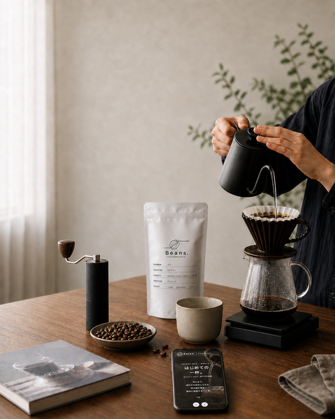 Beans.のコーヒー豆1袋、ドリッパー、教材を並べたBeans. Coffee Schoolのスマートフォン向けビジュアル